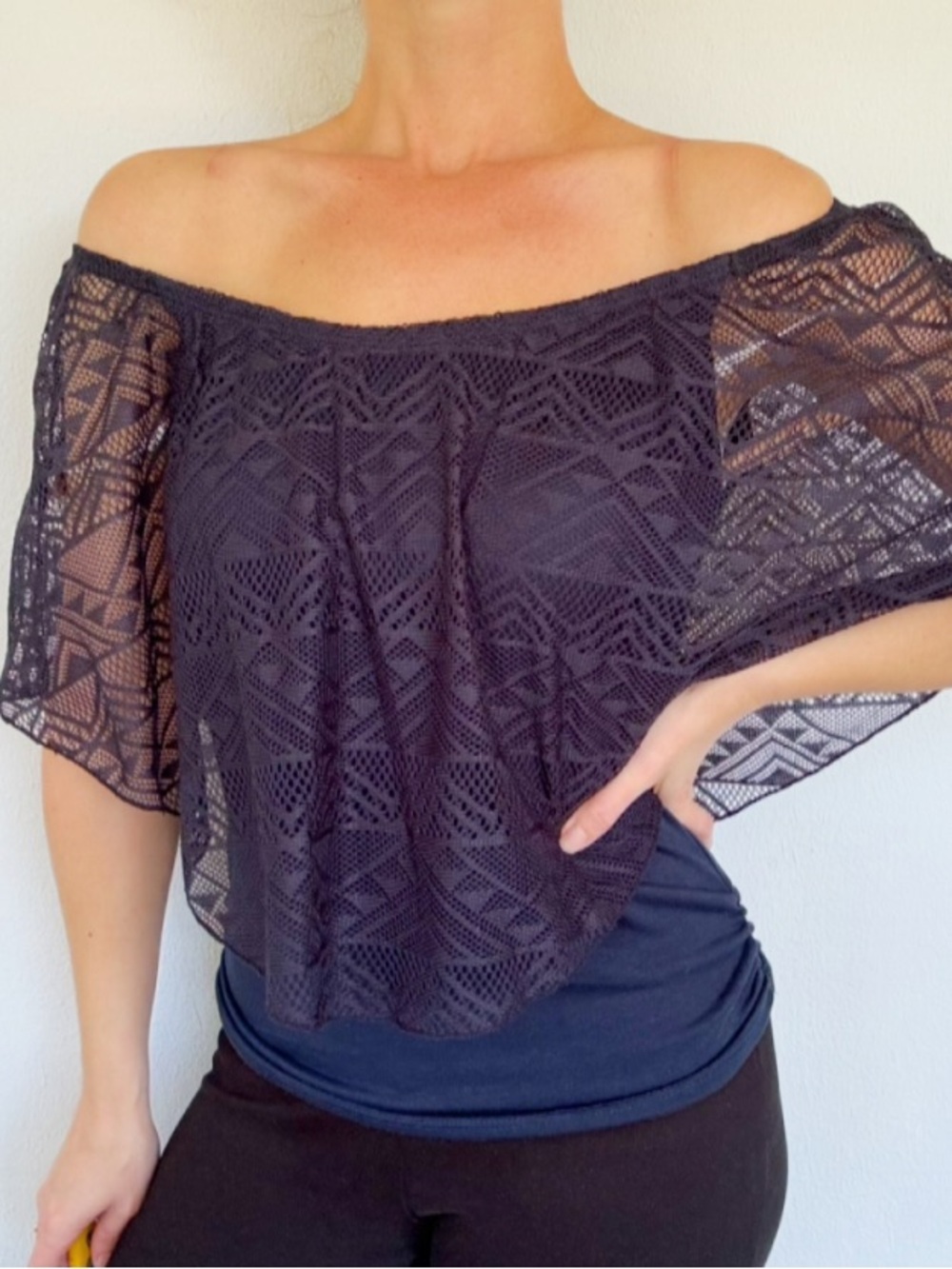 Carol Rose Petite navy blue sheer lace layered off-shoulder blouse size small
